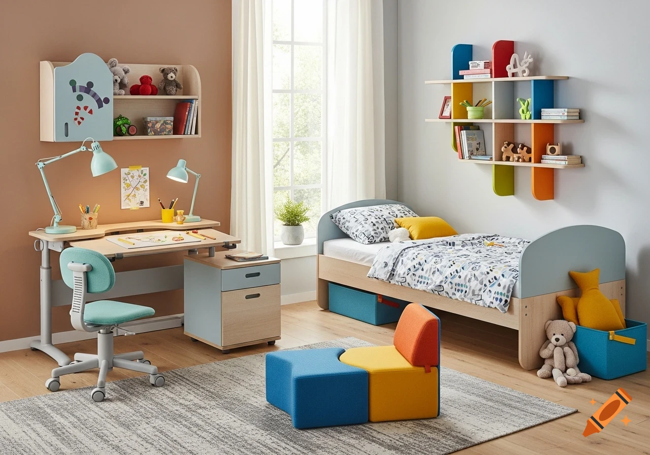 A colorful and modern child's bedroom with a study desk, ergonomic chair, bed with patterned bedding, modular seating, and multi-colored shelves.