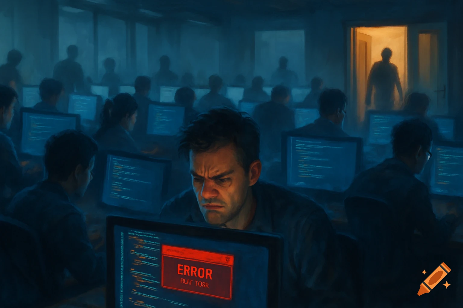 A dimly lit room full of people coding on computers. A man in the foreground looks frustrated at an error message on his screen, while a person leaves through a brightly lit doorway in the background.