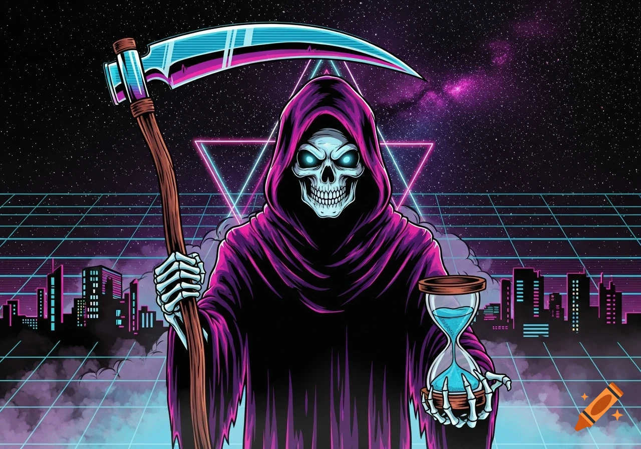 A neon vaporwave-style Grim Reaper with glowing eyes holds a scythe and an hourglass in a futuristic city under a starry sky.
