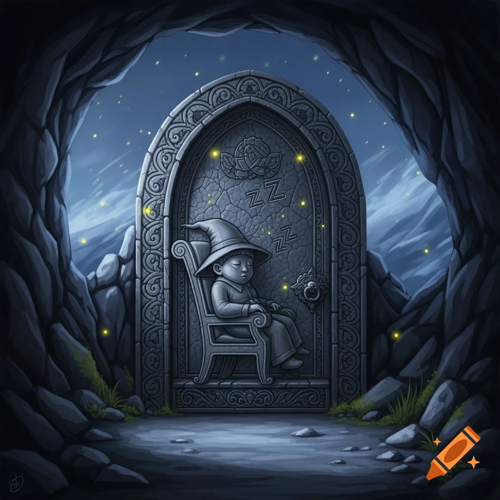 A stylized illustration of a child-like wizard figure sleeping, carved into a stone door inside a dark cave with glowing fireflies.