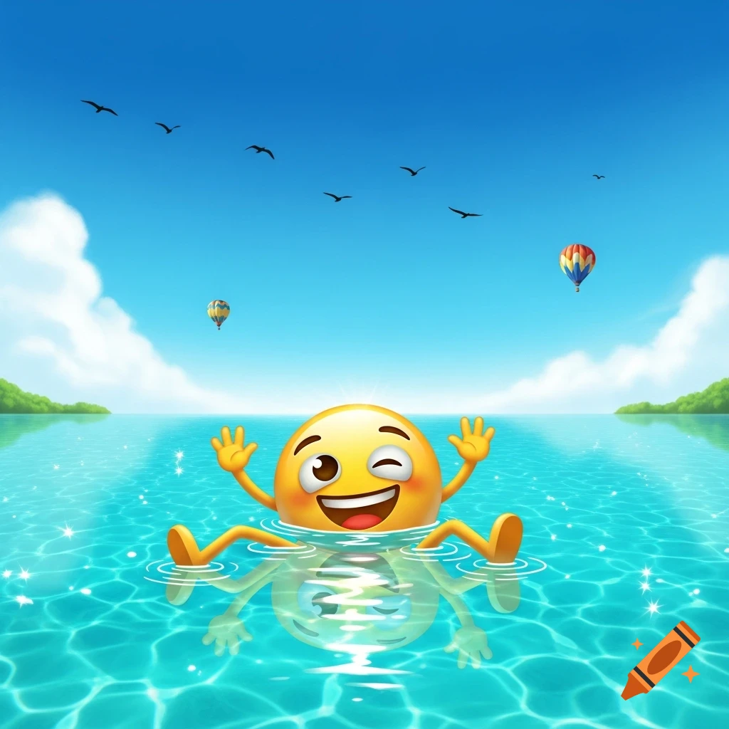 A happy winking emoji with arms and legs floats in sparkling clear blue water under a bright sky with birds and hot air balloons.