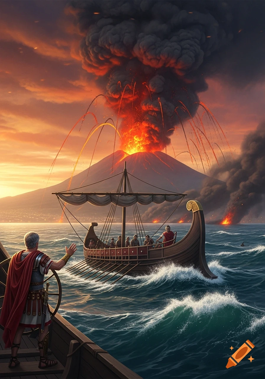 Dramatic ancient Roman scene of a volcanic eruption with ships on rough seas, a figure gesturing towards the erupting mountain.