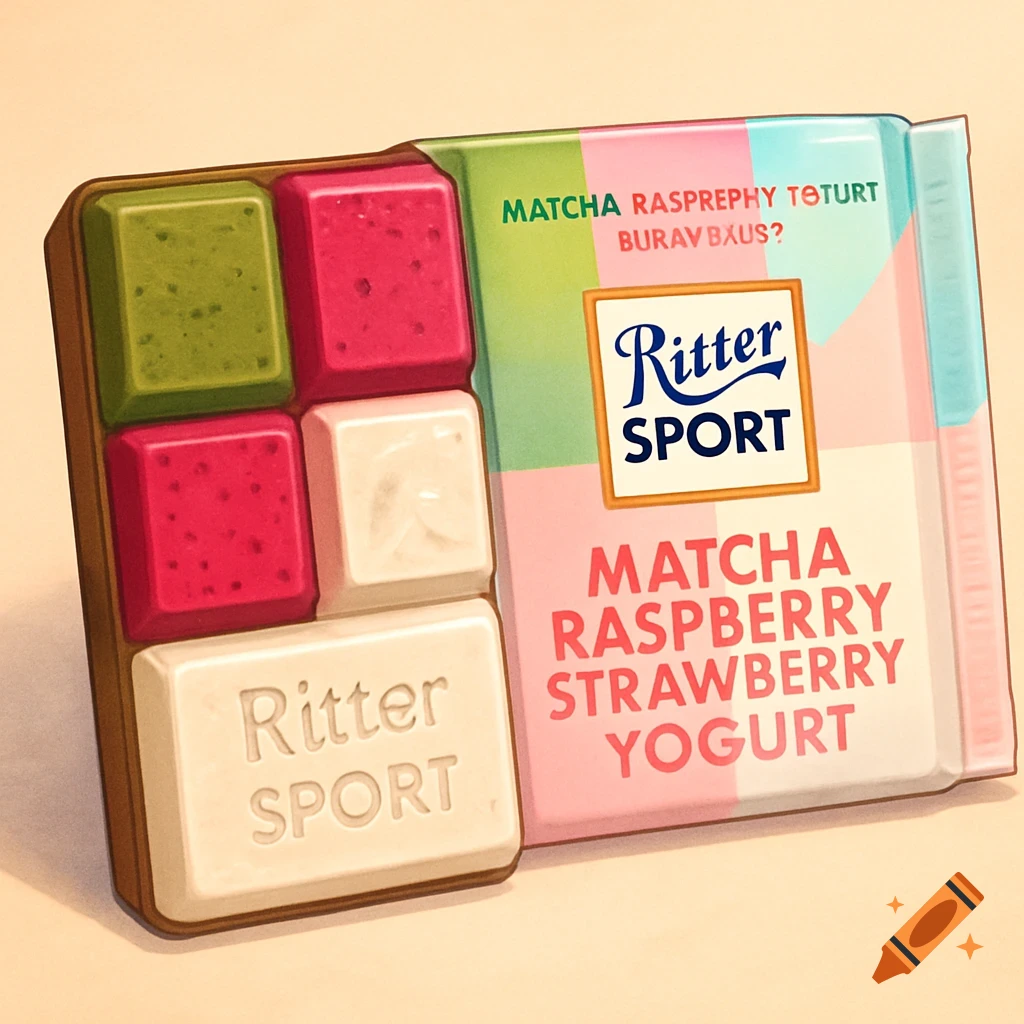 A colorful Ritter Sport chocolate bar with individual squares of matcha, raspberry, strawberry, and yogurt flavors, next to its matching packaging.