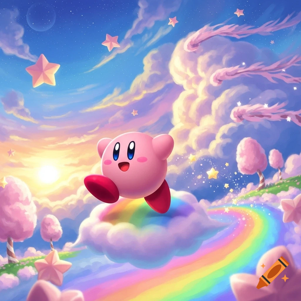 Pink Kirby runs on a rainbow path over pastel clouds, with pink trees and stars in a vibrant, dreamy sky.