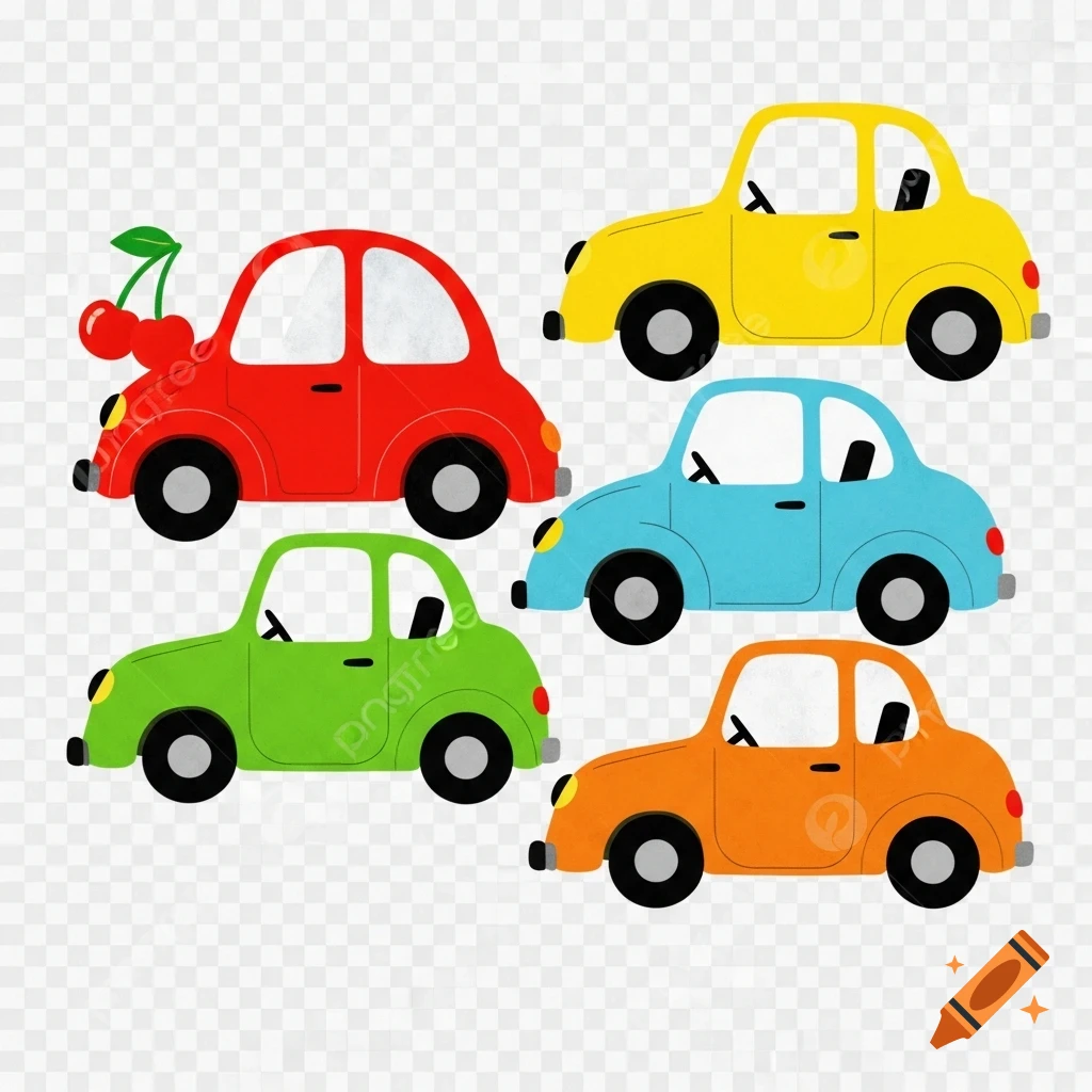 Five colorful cartoon cars (red, yellow, blue, green, orange) in a children's book illustration style.