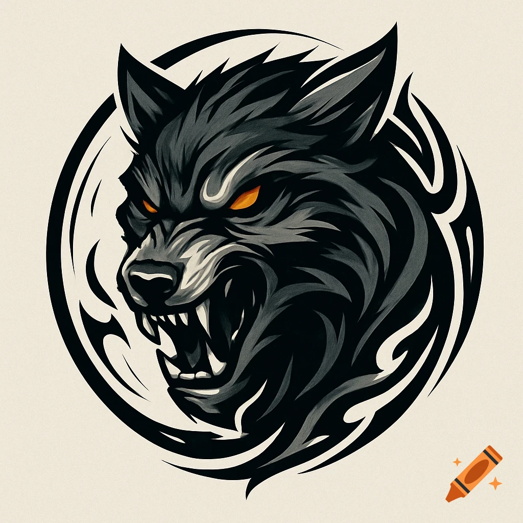 Stylized angry black and grey wolf head logo with bright orange eyes, sharp fangs, and tribal patterns on a light background.