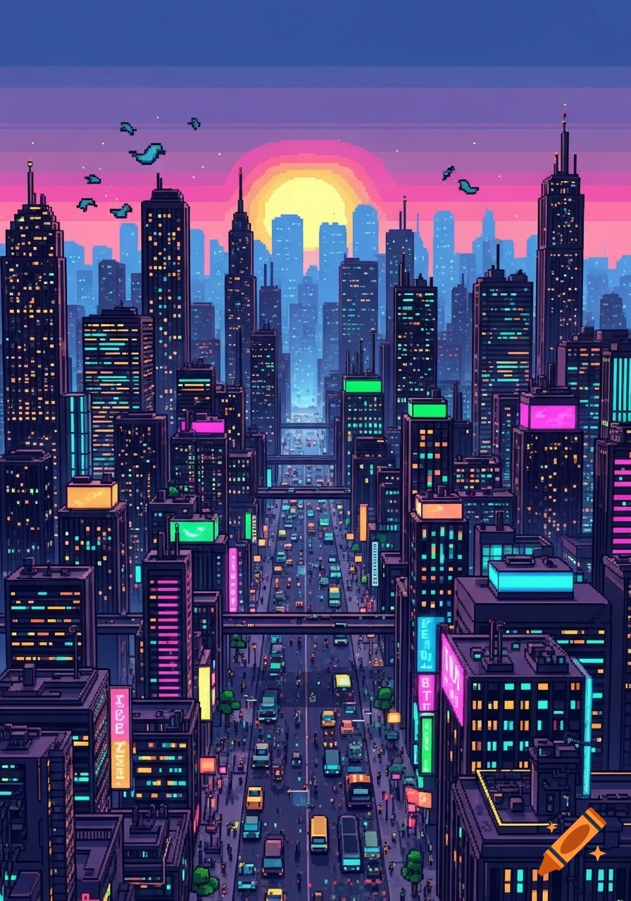 Vibrant pixel art cityscape at sunset with glowing neon signs, bustling streets, and tiny birds flying.