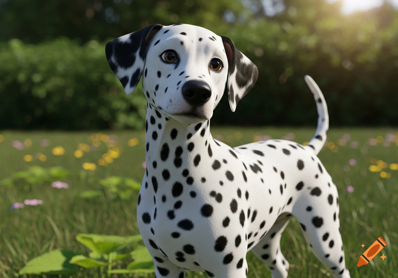 A realistic 3D rendered Dalmatian dog with black spots stands in a sunny green field with wildflowers, looking forward.