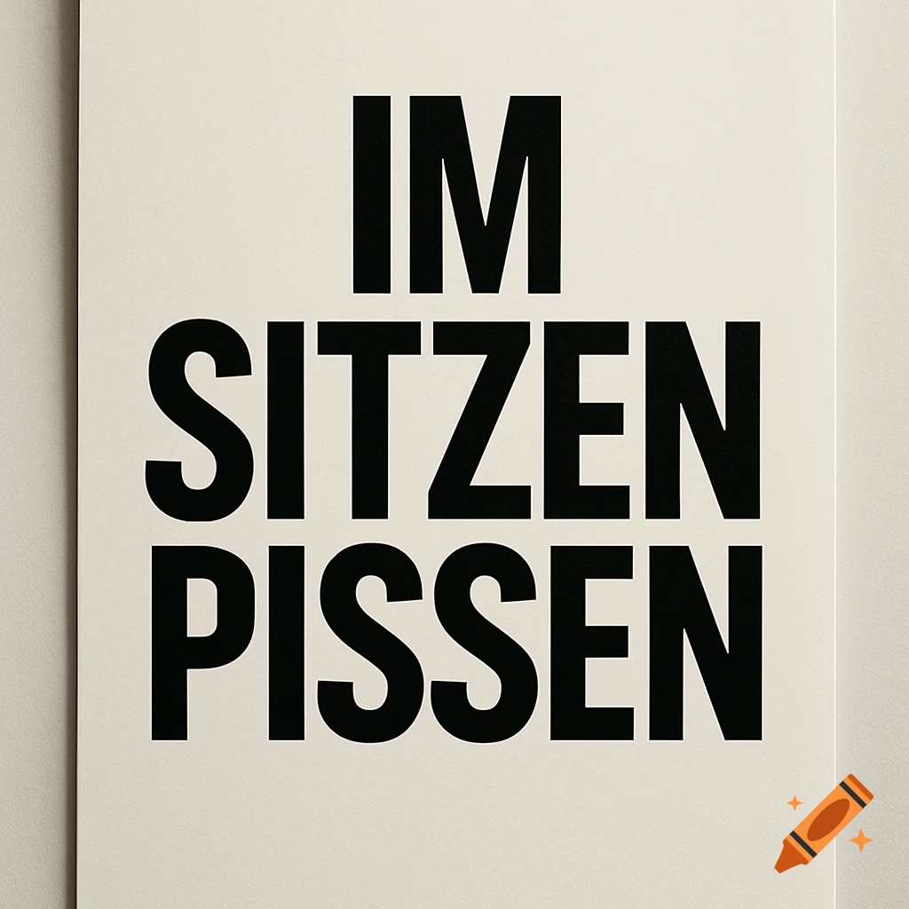 A minimalist white sign with bold black German text 'IM SITZEN PISSEN' in three lines.