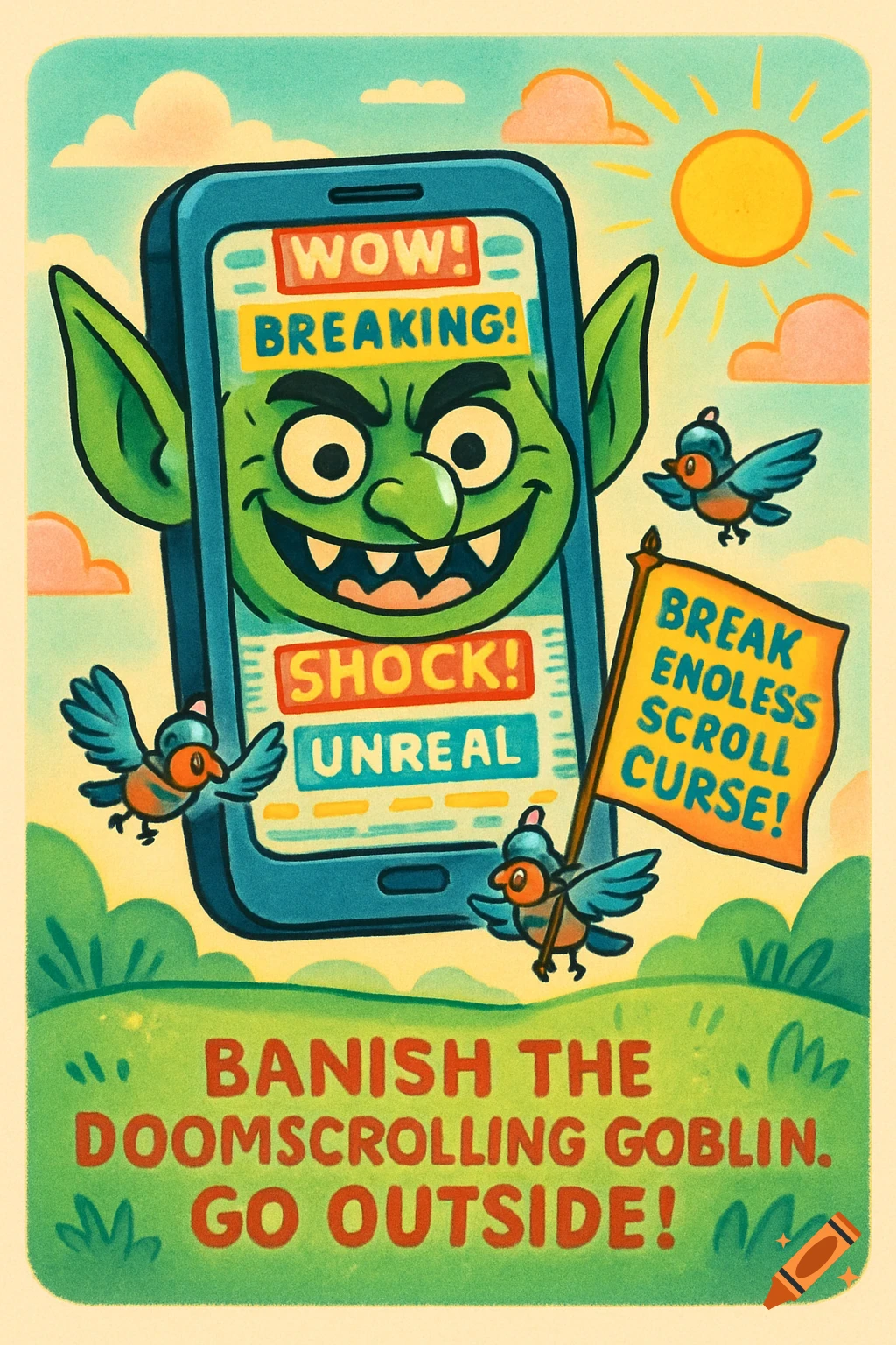 Colorful retro cartoon: a green goblin on a phone screen, birds with a 'BREAK ENDLESS SCROLL CURSE!' flag, and text 'BANISH THE DOOMSCROLLING GOBLIN. GO OUTSIDE!'