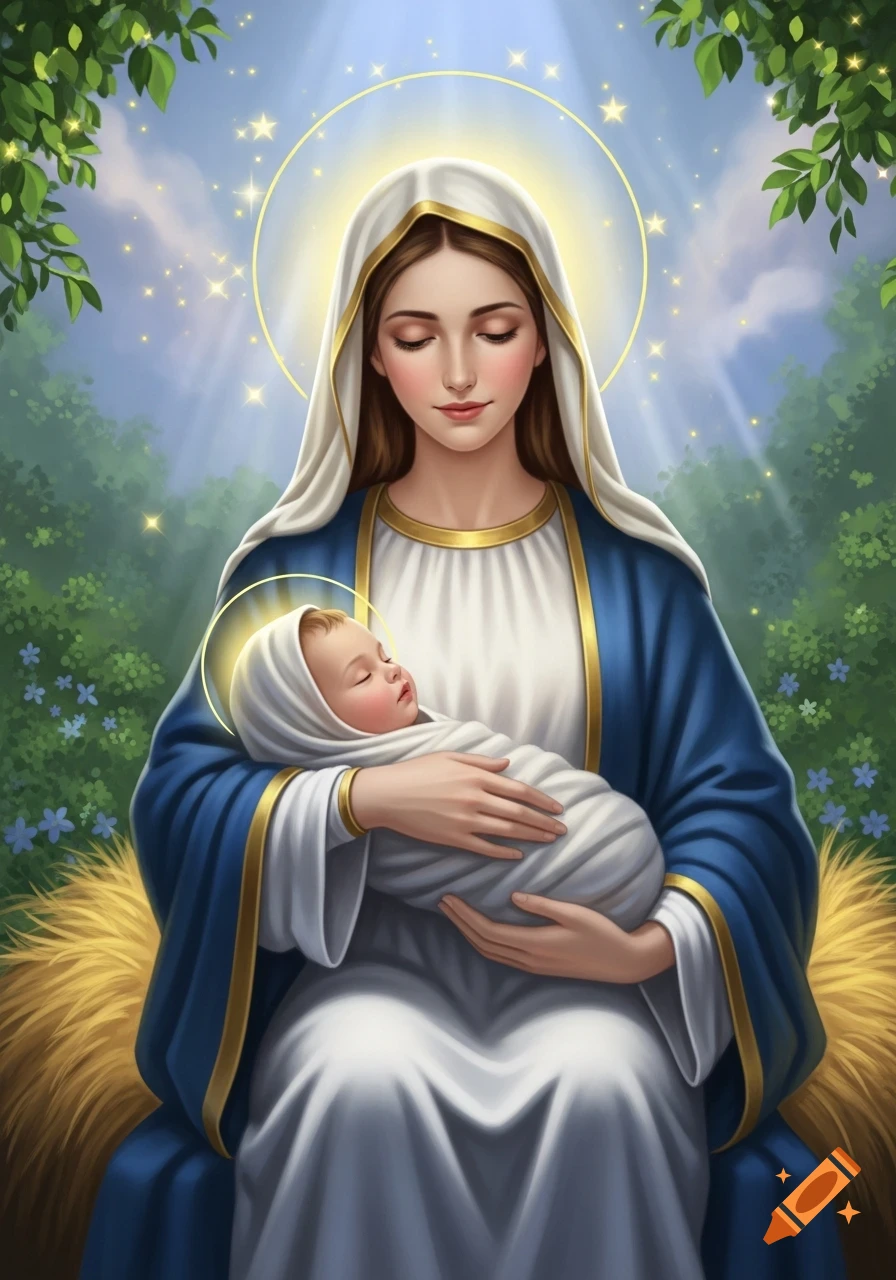 Illustration of Virgin Mary in blue and white robes with a golden halo, tenderly holding a swaddled baby Jesus, also with a halo, in a serene natural setting with glowing light.
