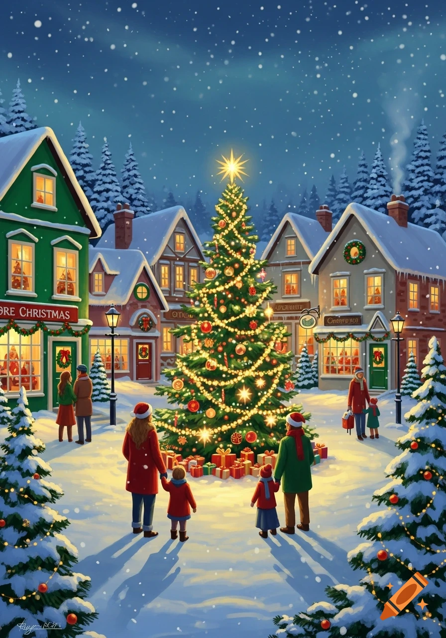 A snowy, festive Christmas village at night, featuring a large illuminated tree, decorated shops, and families enjoying the scene.