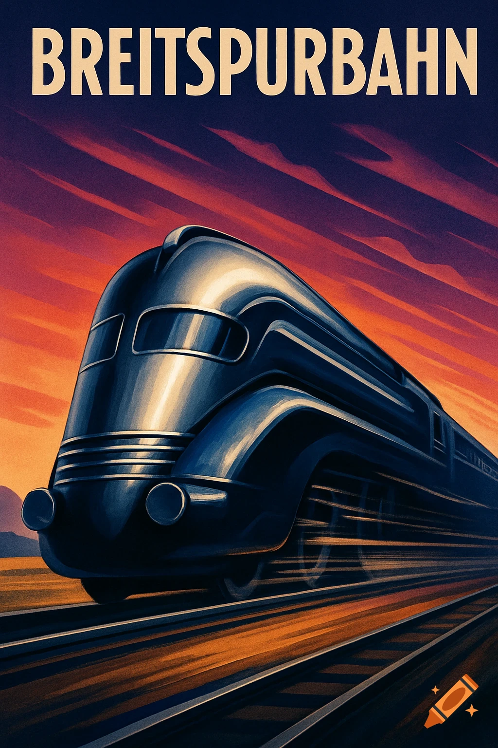 Stylized vintage poster of a sleek, dark train speeding along tracks at sunset, with 'BREITSPURBAHN' text above.
