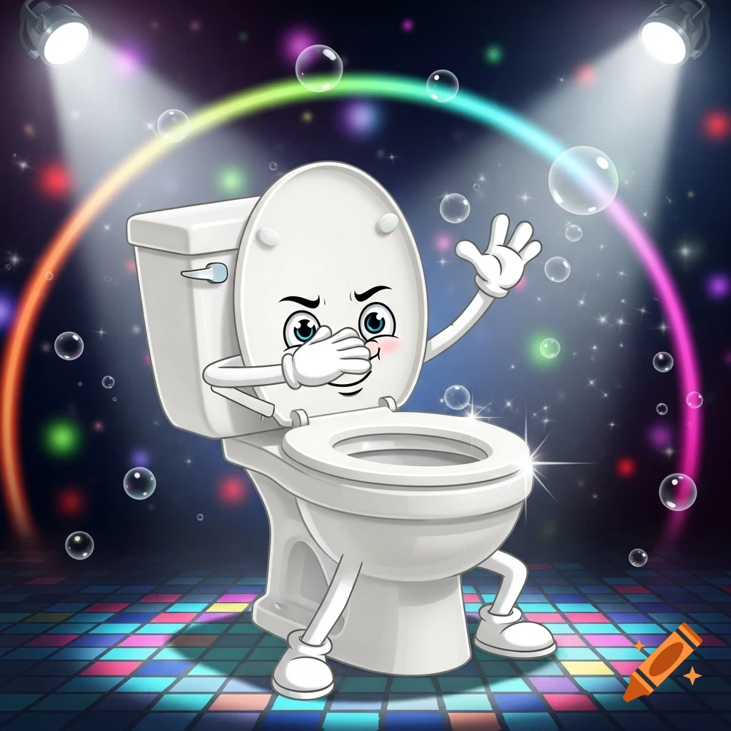 A cartoon toilet character holding its nose, standing on a vibrant disco floor with spotlights, bubbles, and a rainbow arc.