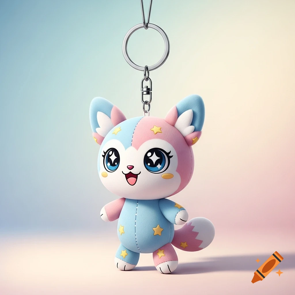 A cute, pastel pink and blue plush fox-like character keychain with big eyes and a happy expression, against a soft gradient background.