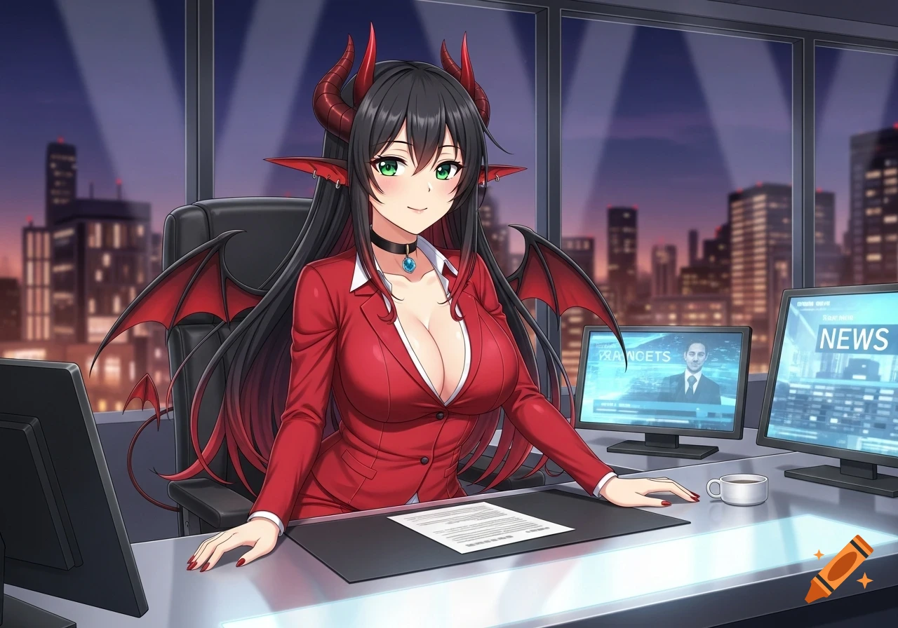 Anime-style demon girl with red horns, wings, and a tail, wearing a red suit as a news anchor in a city office.