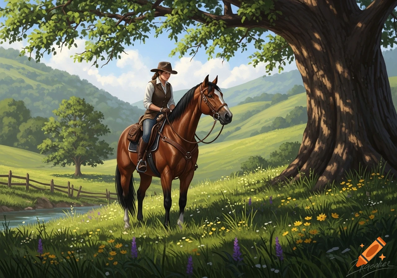 A woman in a cowboy hat and vest rides a brown horse under a large tree in a green, flowery meadow with rolling hills.