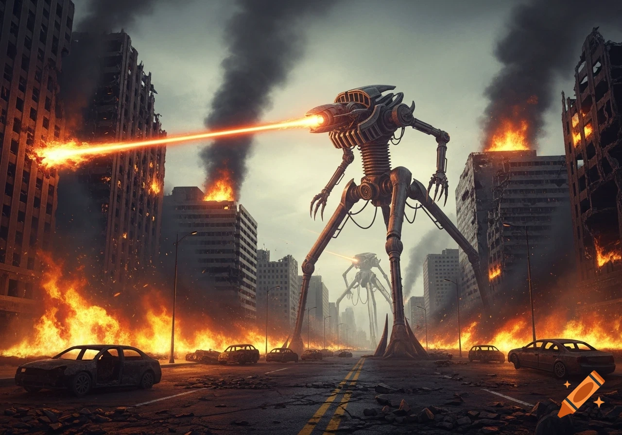 Massive tripods destroy a city with heat rays, surrounded by fire, smoke, and ruined buildings and cars in a photorealistic style.