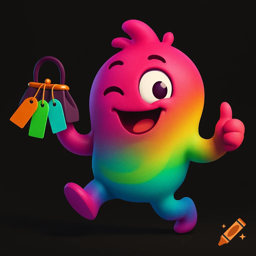 A vibrant, rainbow-gradient mascot winks, holding a small purse with colorful price tags and giving a thumbs up on a black background.