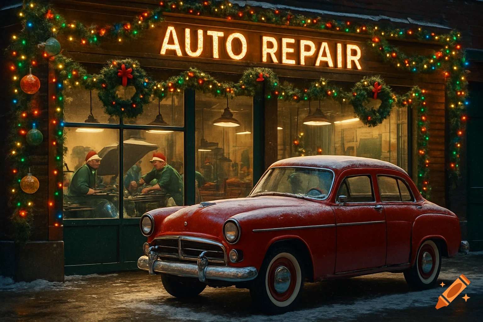 A snowy red vintage car parked in front of an 'AUTO REPAIR' shop ...