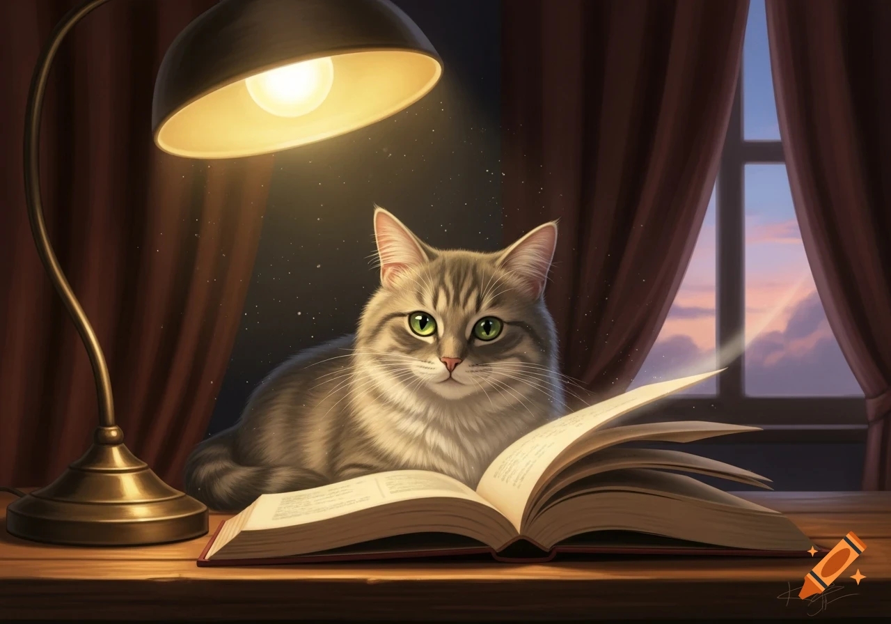 A fluffy grey tabby cat with green eyes sits behind an open book under a warm desk lamp, with a window and sunset visible in the background, digital painting.