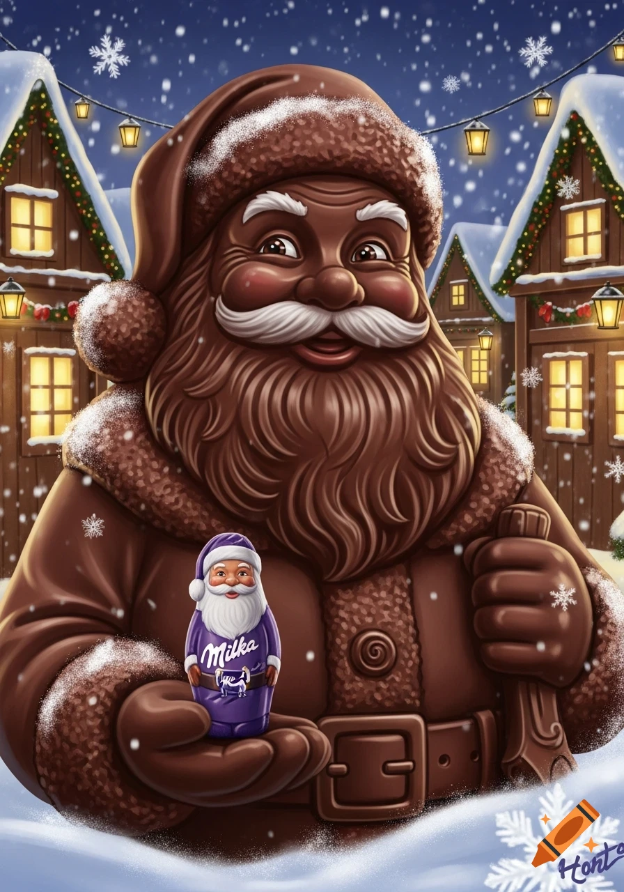 Cartoon illustration of a large chocolate Santa Claus holding a small Milka chocolate Santa in a snowy Christmas village.