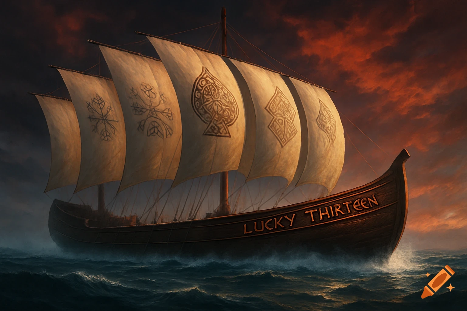 A longship with sails featuring stylized patterns and the words 'LUCKY THIRTEEN' on its hull, sailing on a stormy sea under a dramatic orange sky.