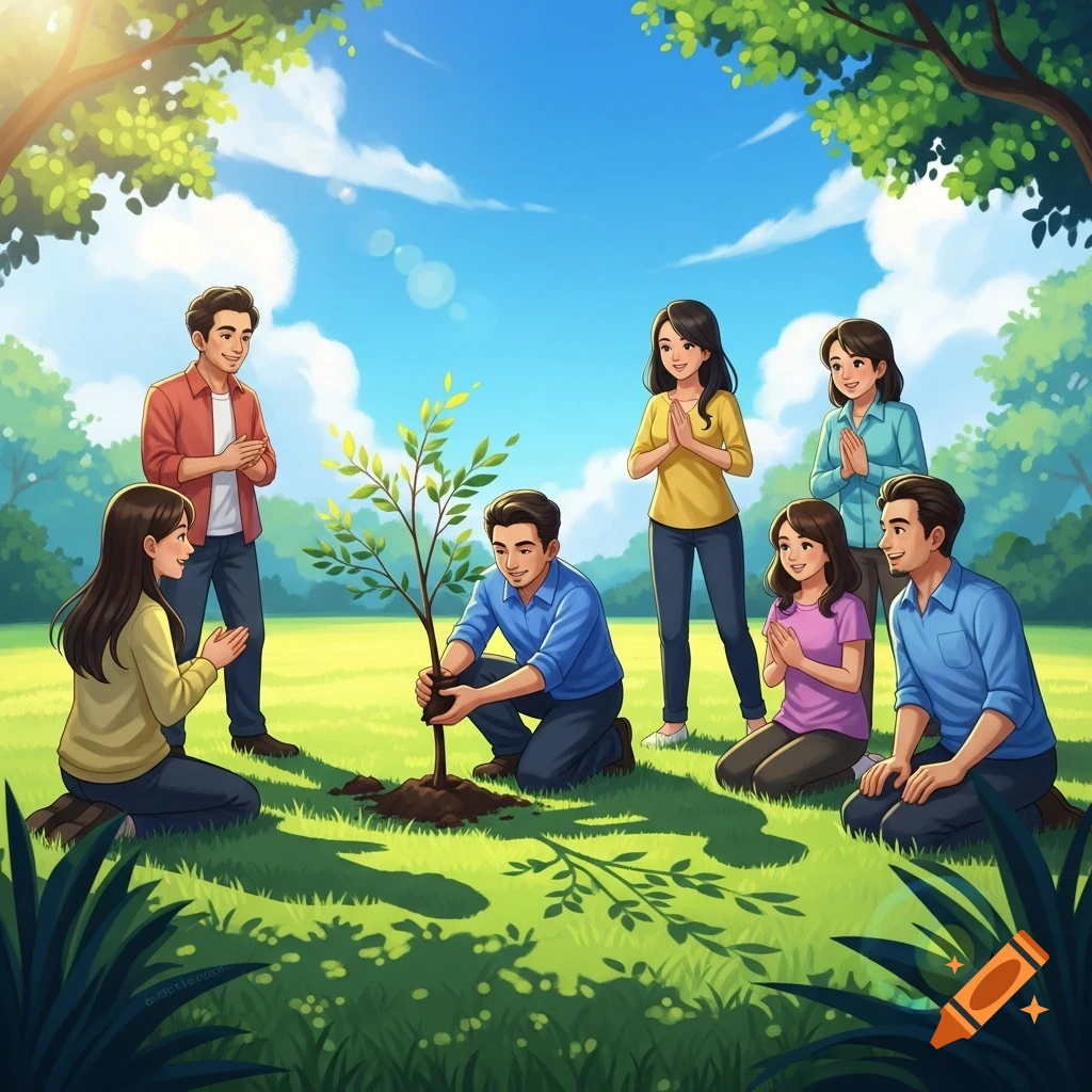 Cartoon illustration of people planting a sapling in a sunny park with green grass and trees.