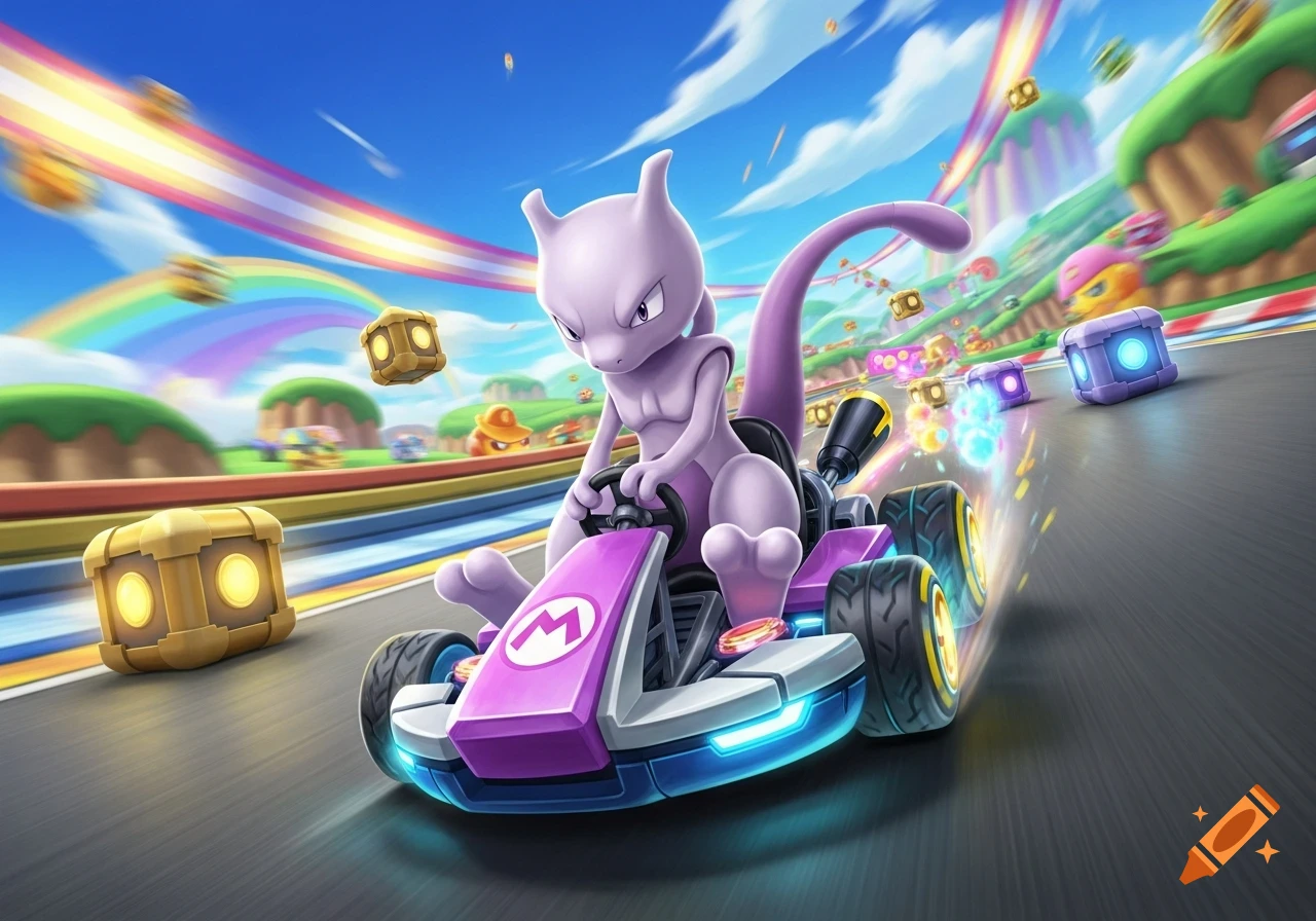 Mewtwo races a purple and white kart on a vibrant Mario Kart track with a rainbow road and item boxes.
