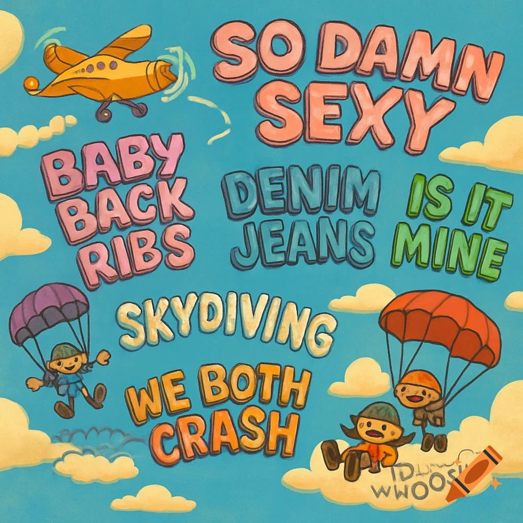 A cartoon illustration of a bright blue sky with clouds, featuring an airplane, two parachutists, and various colorful text phrases like 'SO DAMN SEXY,' 'BABY BACK RIBS,' 'DENIM JEANS,' 'IS IT MINE,' 'SKYDIVING,' and 'WE BOTH CRASH.'