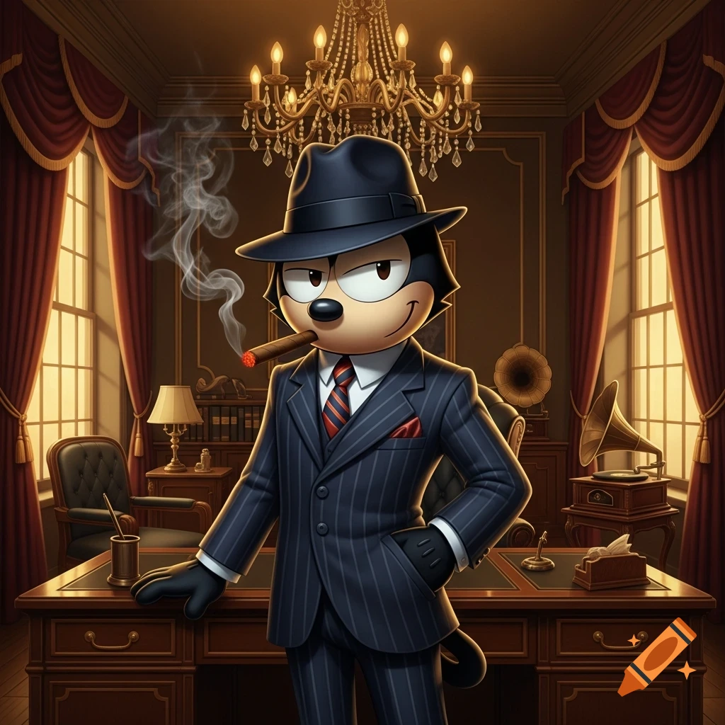 Cartoon Felix the Cat as a mob boss in a pinstripe suit, fedora, and smoking a cigar, standing in a lavish office.