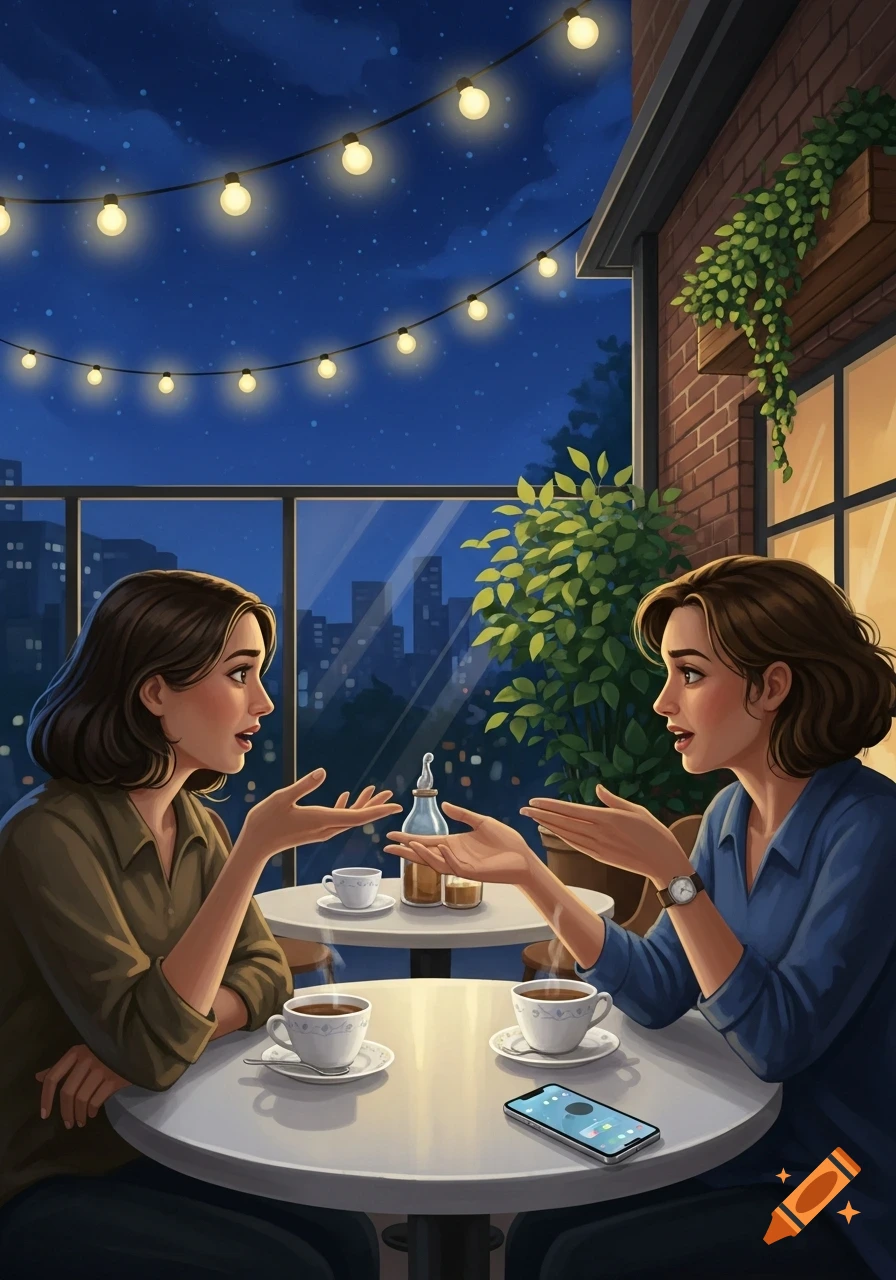 Two women talk on a cafe patio at night, with string lights and a city skyline, in a digital art style.