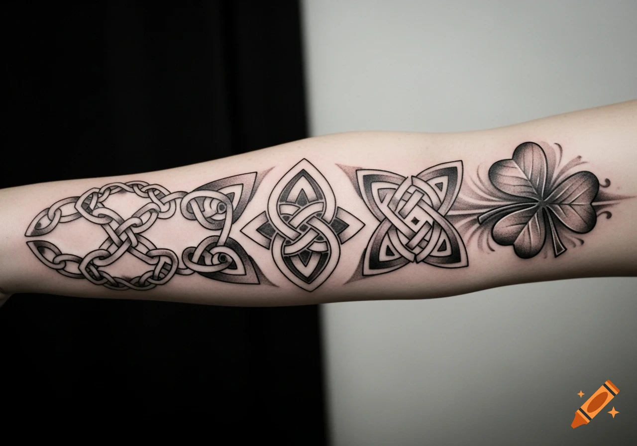Black and white Celtic knot and shamrock tattoo on a person's forearm.