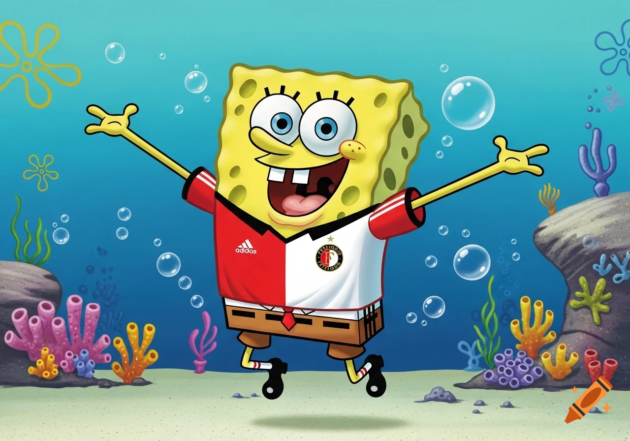 Spongebob Squarepants joyfully floating underwater, wearing a red and white Feyenoord football jersey.