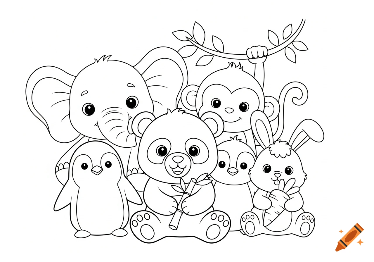 Line art coloring page featuring a group of cute cartoon animals: an elephant, penguin, panda, monkey, and bunny.