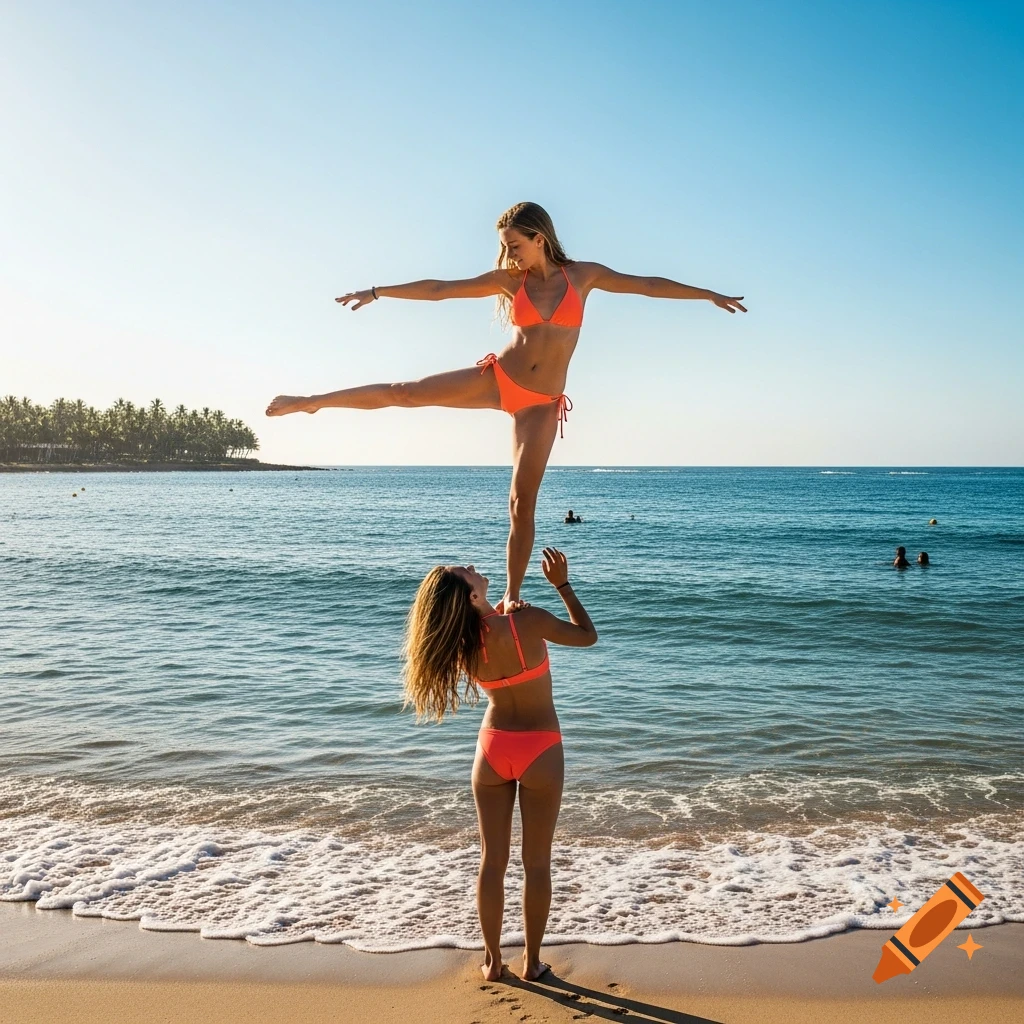 Two women in orange bikinis perform an acrobatic balance pose on a sunny beach, with the ocean and distant trees in the background.