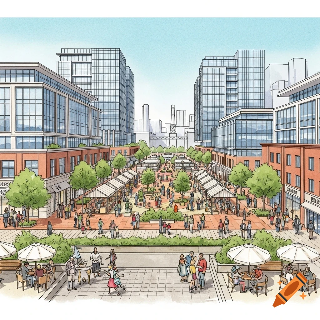 Watercolor illustration of a bustling mixed-use urban district with tall buildings, market stalls, and people enjoying outdoor cafes.