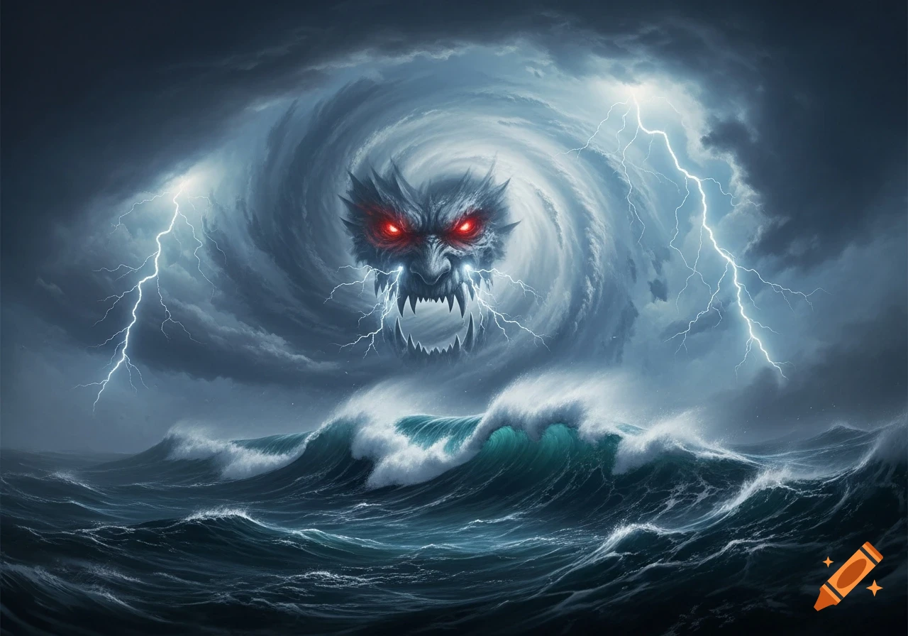 A monstrous face with glowing red eyes and fangs emerges from the swirling clouds of a hurricane, with lightning and stormy ocean waves below.