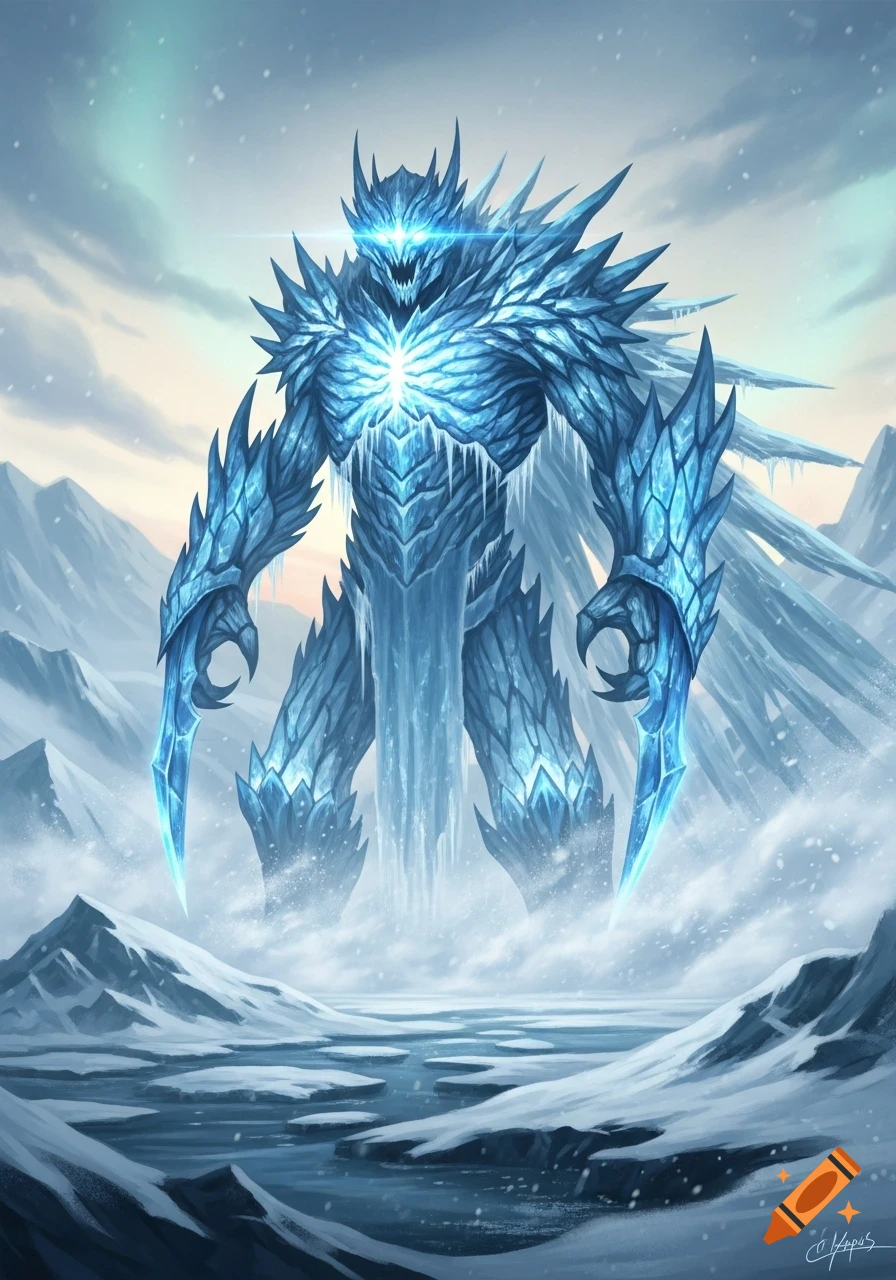 A colossal, spiky blue ice monster with glowing eyes stands in a vast, snowy arctic landscape under an aurora.