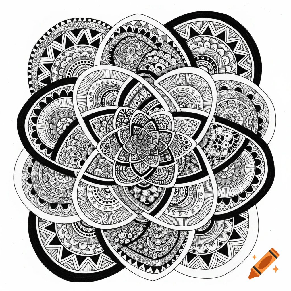 Intricate black and white Zentangle design with detailed patterns and geometric shapes.