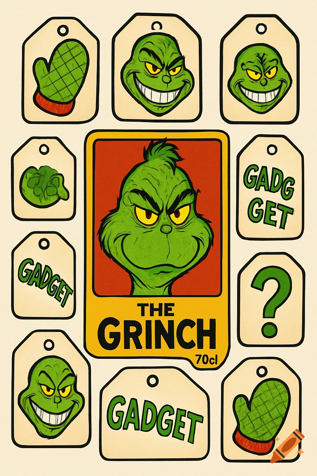 A sheet of cartoon-style labels featuring various Grinch expressions, green oven mitts, question marks, and text tags for "The Grinch 70cl" and "GADGET".