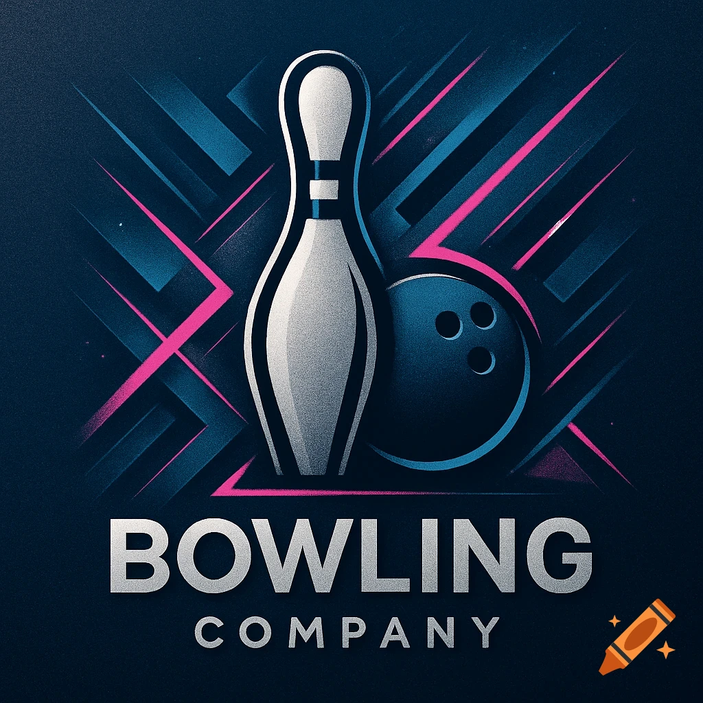 Modern bowling company logo with a white pin, dark ball, and abstract blue and pink lines, text 'BOWLING COMPANY'.