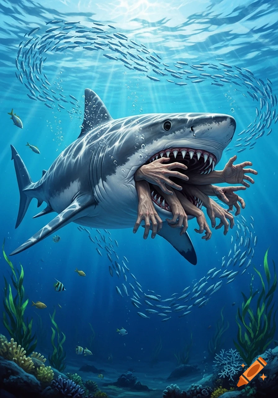 A great white shark swims underwater, its mouth full of human hands acting as teeth. A school of fish swirls in the background.