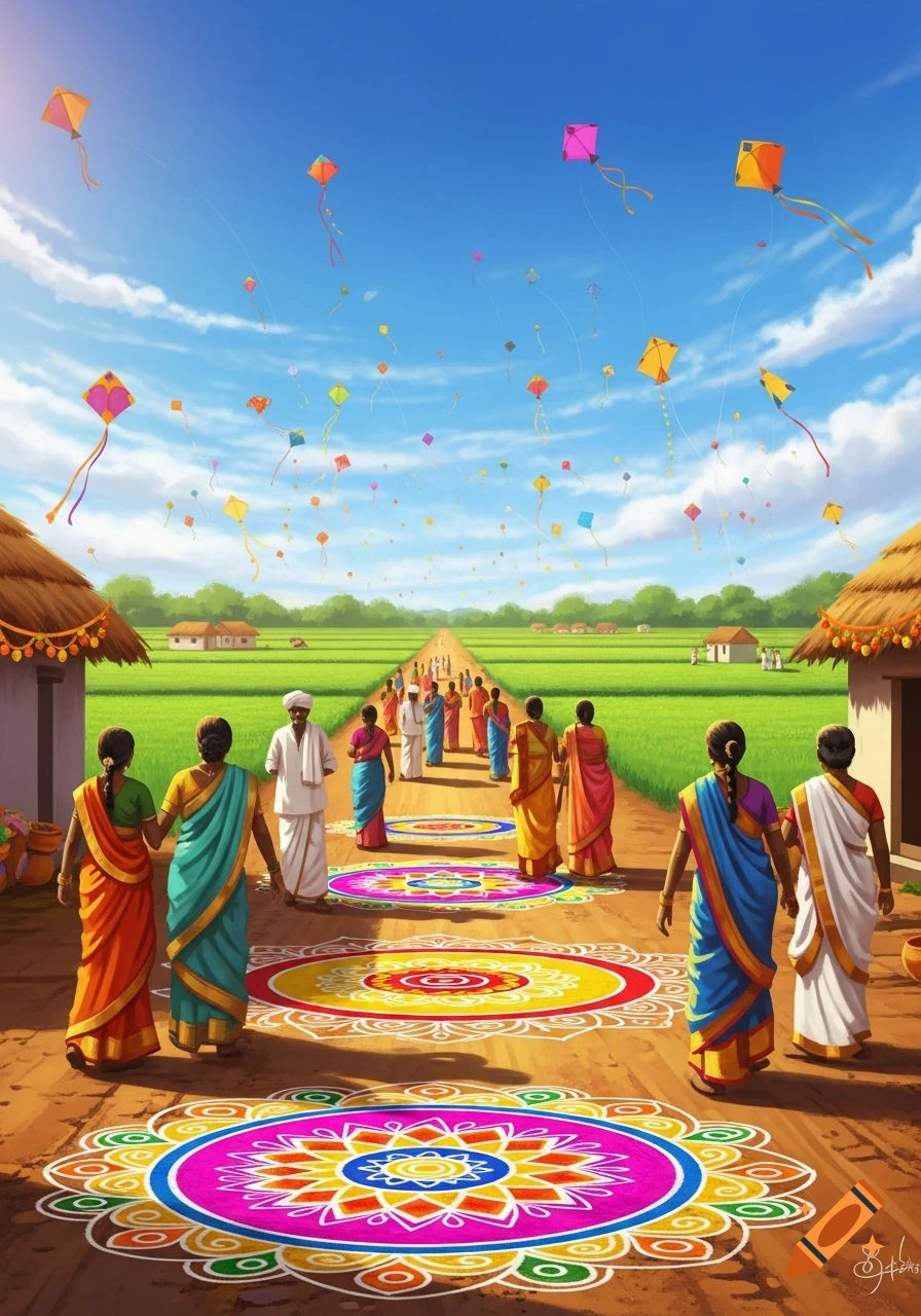 A vibrant Indian village festival scene with people in colorful sarees, elaborate rangoli designs on a dirt path, green fields, and many colorful kites flying in a blue sky.
