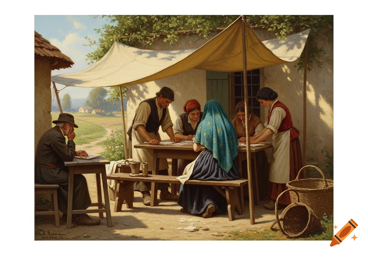 Painting of people in historical attire gathered at tables under a canopy in a sunny rural setting, with an older man sitting separately.
