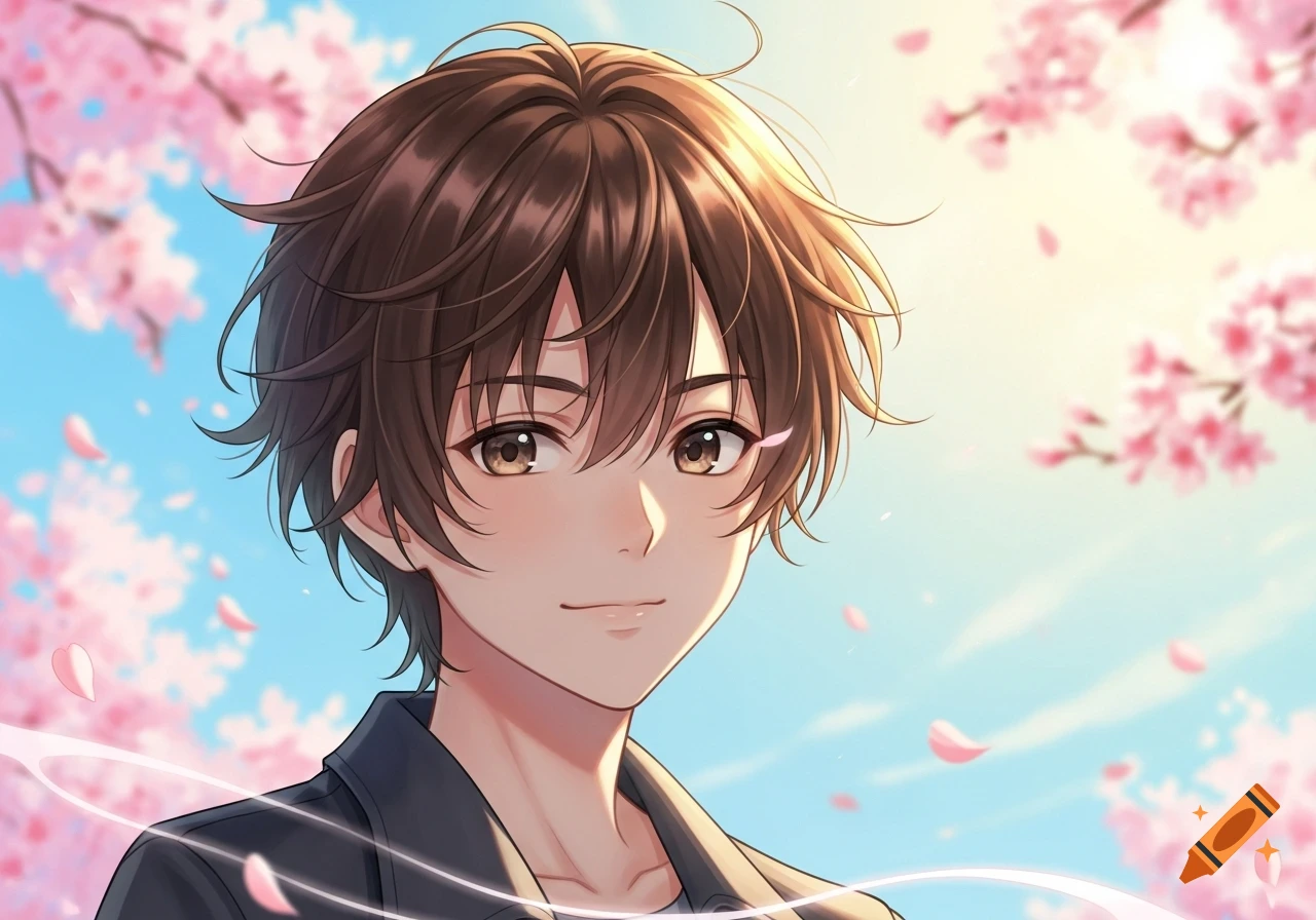 An anime boy with brown hair and light brown eyes smiles gently under ...