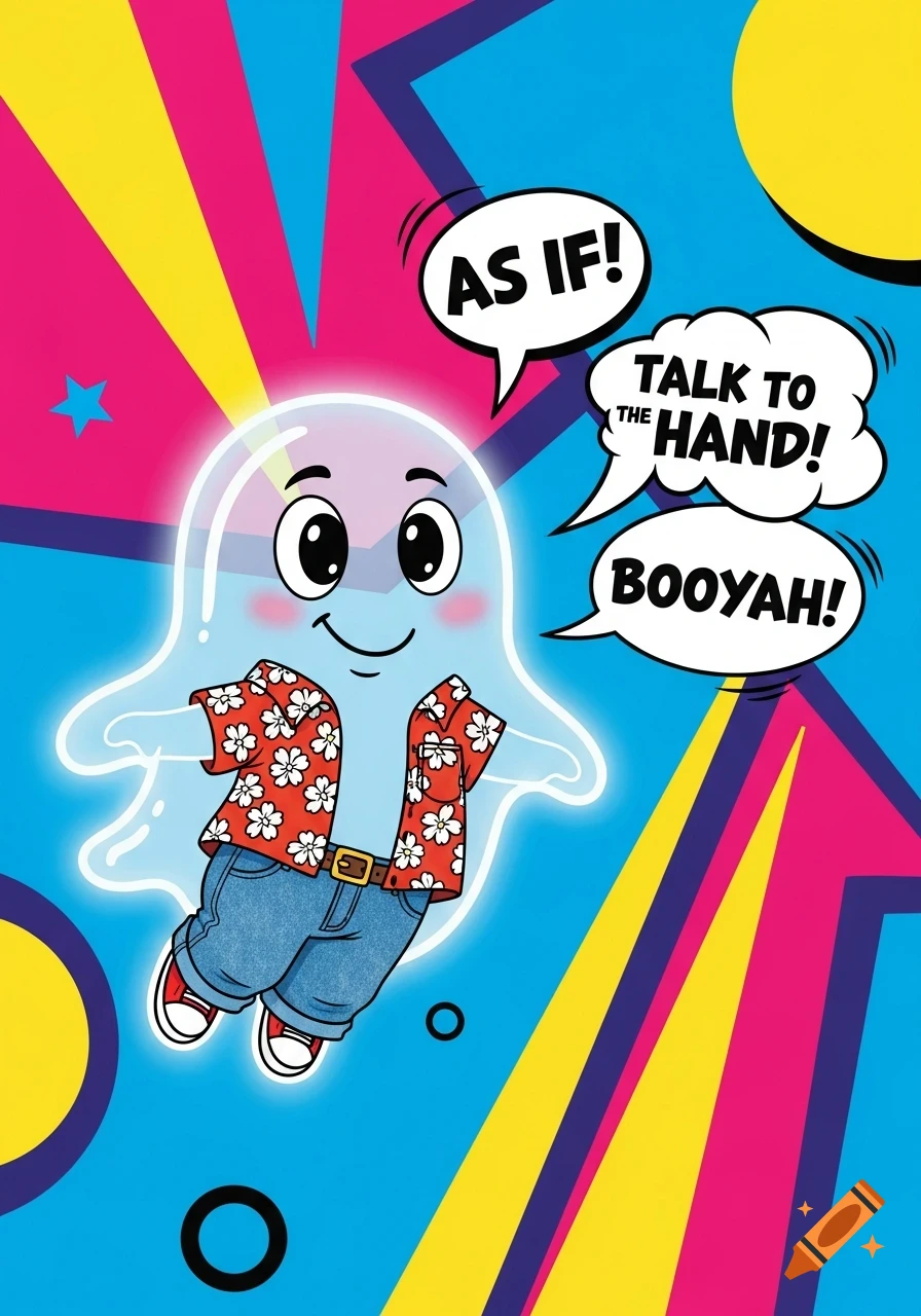 A cartoon ghost in a Hawaiian shirt and jeans floats in a vibrant 90s-style background with speech bubbles.