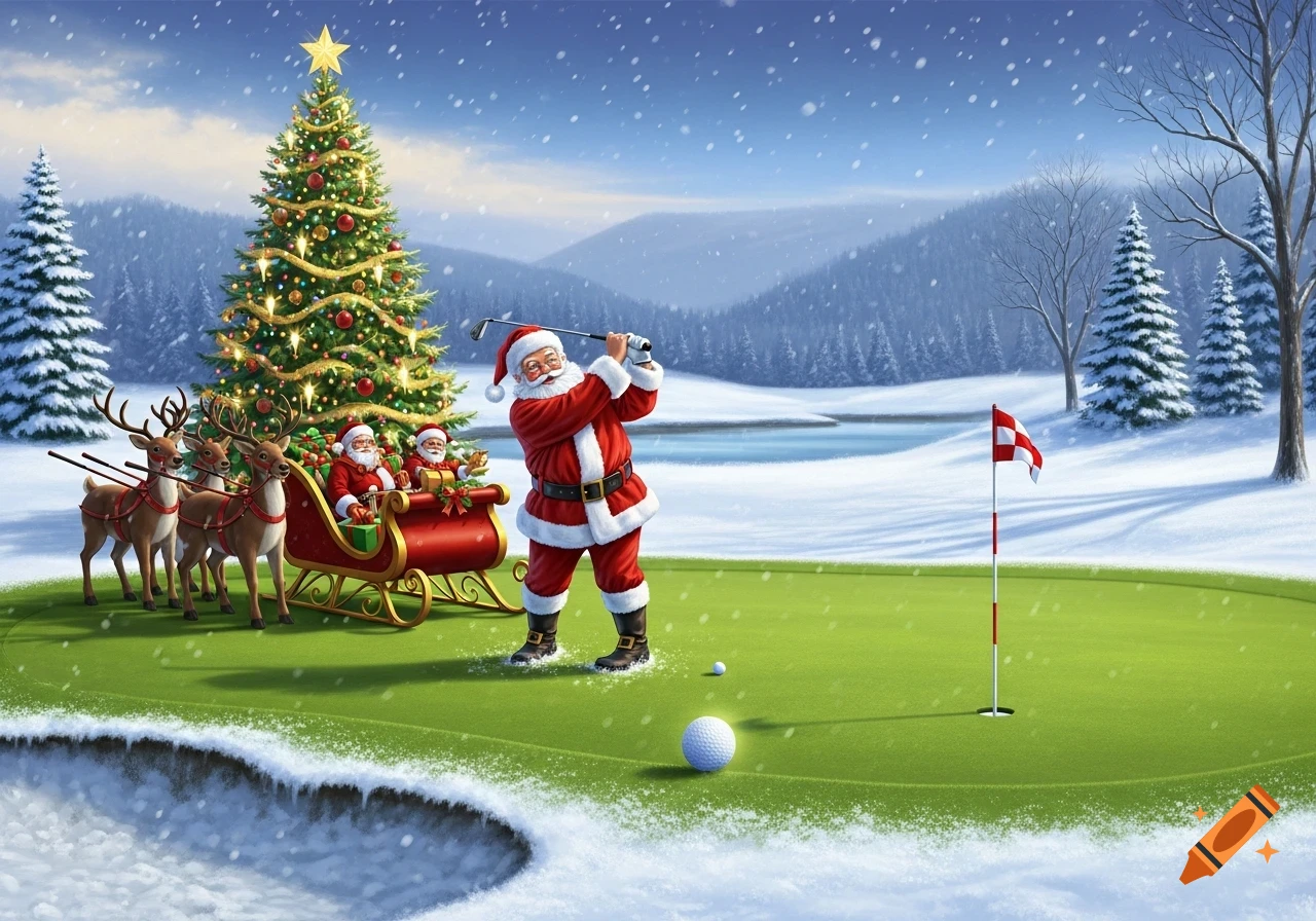 Santa Claus plays golf on a snowy green with a decorated Christmas tree, reindeer, and a sleigh, in a festive winter illustration.
