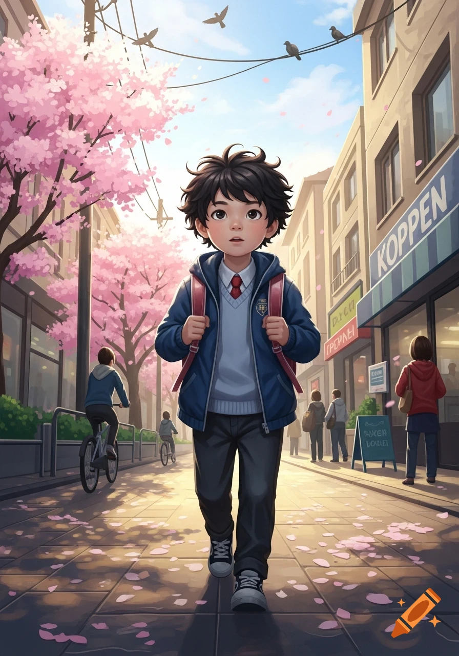 An anime boy with dark curly hair and a backpack walks down a cherry blossom-lined street past shops.