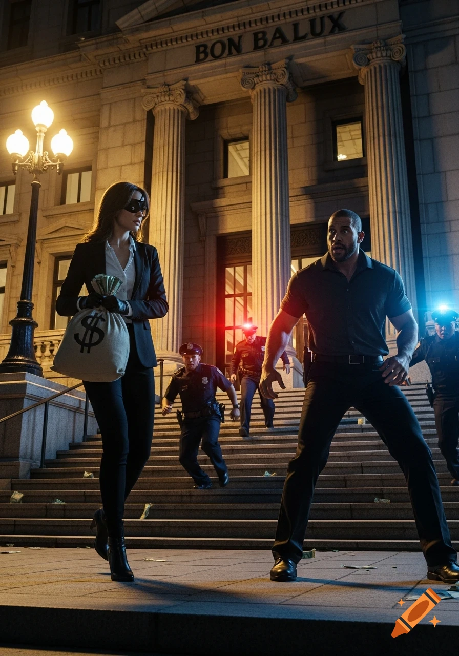A female thief with a money bag and a male accomplice are caught by police on the steps of a "BON BALUX" bank at night in a dramatic, photorealistic style.